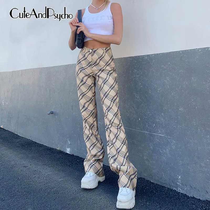 

Streetwear Plaid Printed Women's Sweatpants Loose High Waisted Straight y2k Pants Vintage Korean Style Trousers Cuteandpsycho
