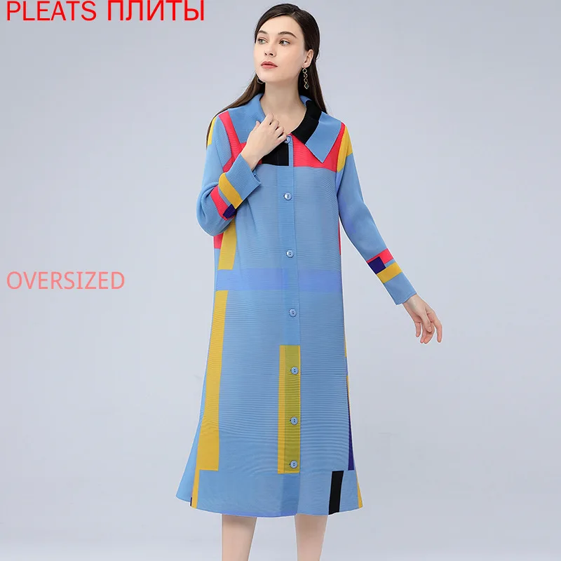 

Miyake Print Pleated Windbreaker, Mid-length, Long-sleeved, Single-Breasted, Fashionable Color, Mid-Length, Spring and Autumn
