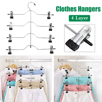 

4 Layer Stainless Steel Pinch Clip Clothes Pants Hanger Adjustable Storage Skirt Rack Non Slip Metal Organizer Hanger 8 Clips