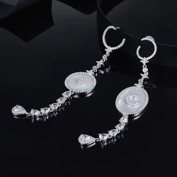 

925 Sterling silver Shiny Zircon crystal Star Moon earring Natural Mother of Pearl Earrings Asymmetric Geometric Tassel Earrings