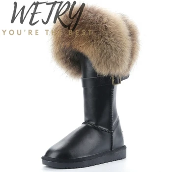 

2020 Natural Fox Fur Snow Boots Genuine Cow Suede Leather Boots Shoes Mid-calf Knee Boots Raccoon Fur Warm Female Flat Boots