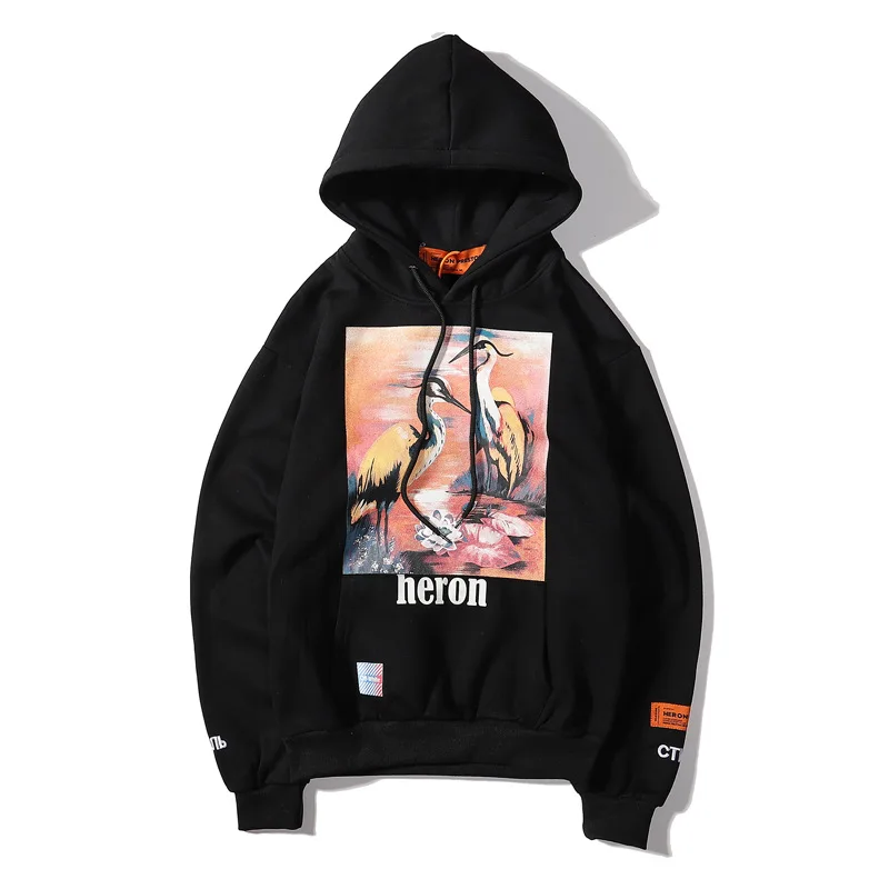 

Crane Print Sweatshirts Men Women Hip Hop Heron Preston Hoodies Pullovers Streetwear Black Heron Preston Sweatshirts