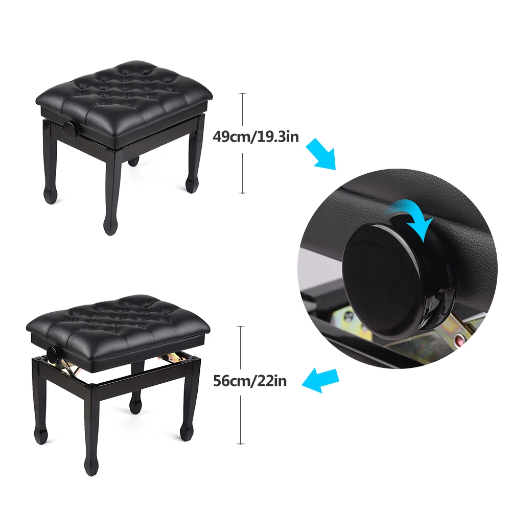 

Hot New Deluxe Quality Wooden Piano Bench Stool Comfortable Soft Cushion Padded Adjustable Height Black