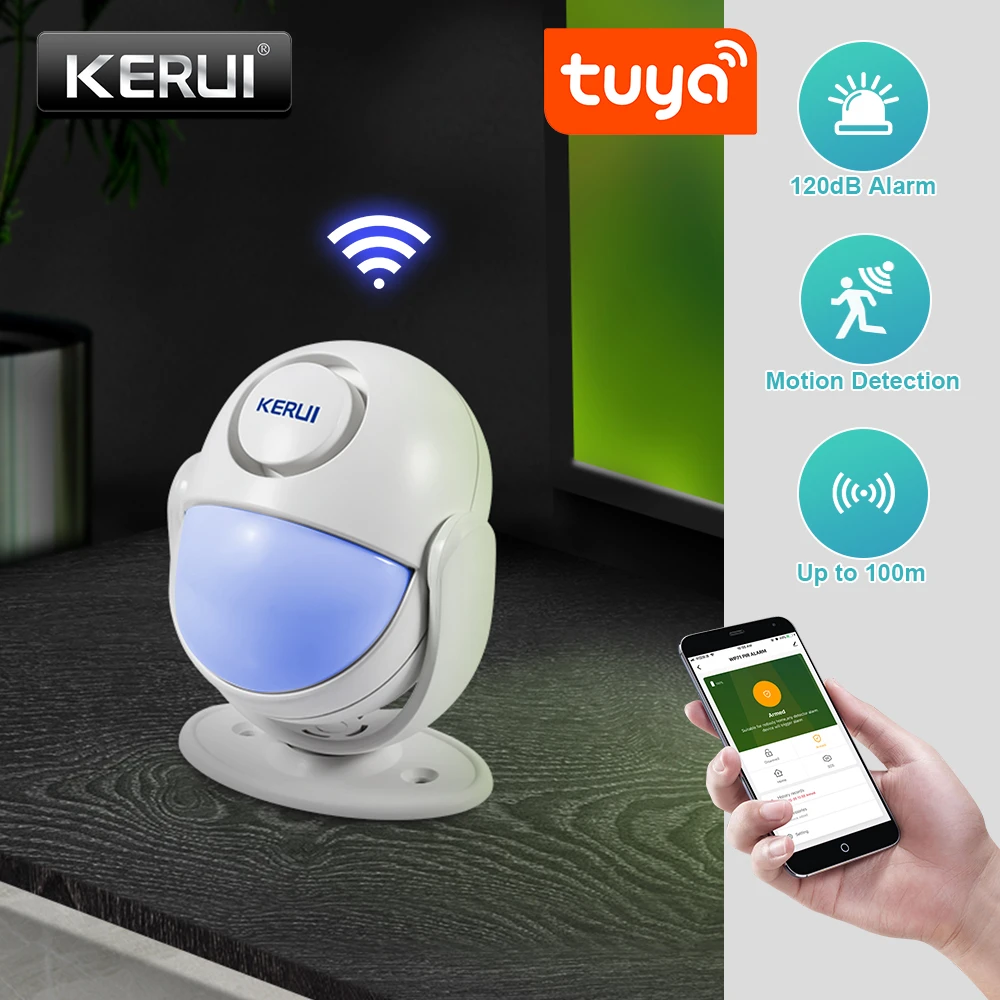KERUI WP71  Tuya Smart WIFI Motion Alarm System Wireless PIR Motion SensorsWorks with Alexa LED Flash 120dB Loud waterproof siren