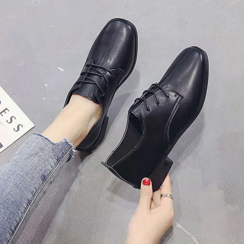 

Autumn New Style Low Top Small Leather Shoes Casual Peas Lazy WOMEN'S Shoes Pointed Shallow Mouth Semi-high Heeled Chunky-Heel W