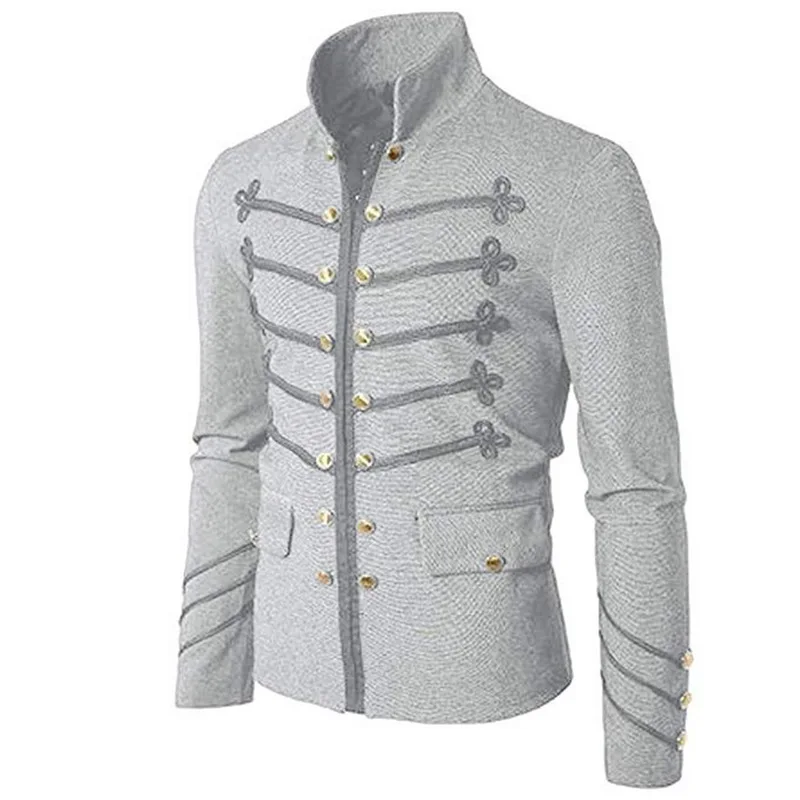Винтажный однотонный мужской Готический пиджак в стиле стимпанк, туника, рок-платье, Униформа, Мужской винтажный костюм в стиле панк, металлический военный пиджак, верхняя одежда - Цвет: light gray