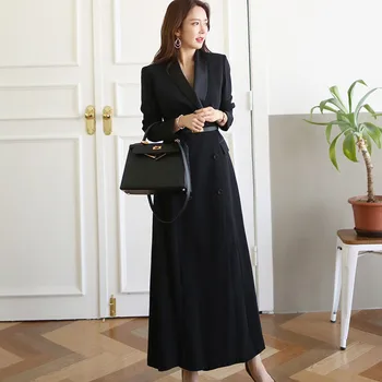 

2020 Spring Autumn Blazers Suits Office Lady Runway Women Long Trench Coat Notched Collar Wrap Black Maxi Coat Outwear b119