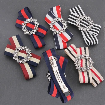 

Women Crystal Round Rhinestones HitColor Stripe Ribbon Grosgrain Hairpin Headwear Girl Boutique Hairgrip Clip Barrette Accessory