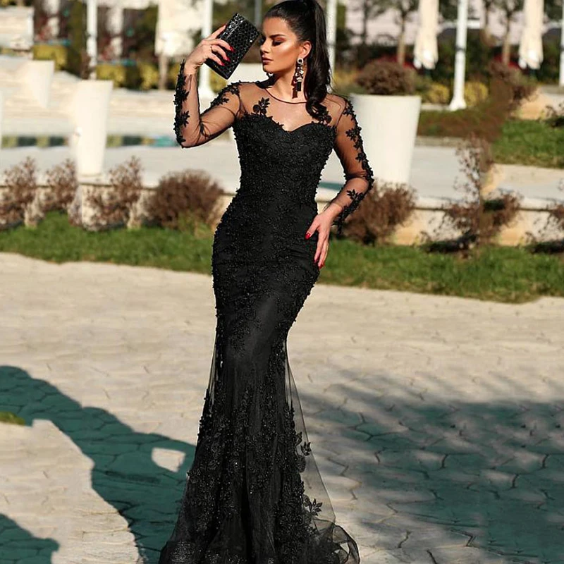 Элегантный Тюль Русалка Вечерние платья длина до пола кружева халат De Soiree вышитые бисером Длинные рукава формальное платье abiye gece elbisesi