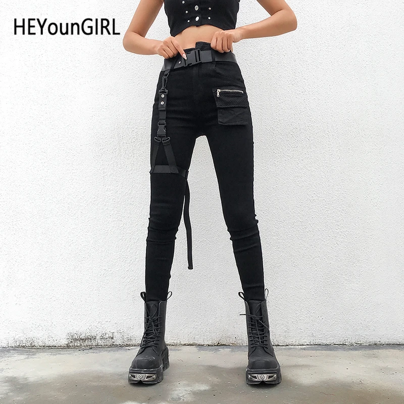 HEYounGIRL Высокая талия узкие черные джинсы Для женщин Harajuku в стиле панк Джинсовые штаны с ног Пояс с кольцом с завышенной талией джинсы уличной - Color: Black