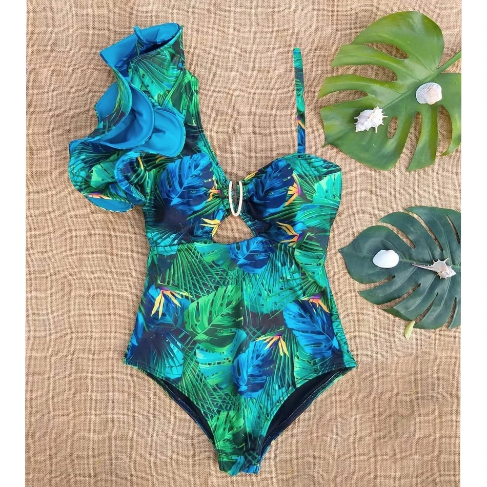 Ruffle Swimwear Single Shoulder One Piece Swimsuit Women Floral Printed Tropical Summer Beach Bathing Suit