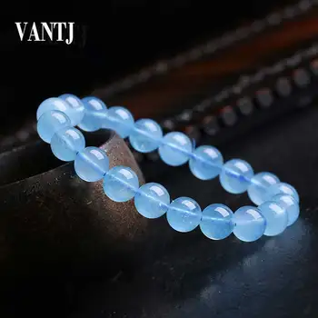 

VANTJ Natural Blue Ice Aquamarine Stone Beads Bracelet Women Men Crystal Clear Round Beads Healing Stone Birthday Gift