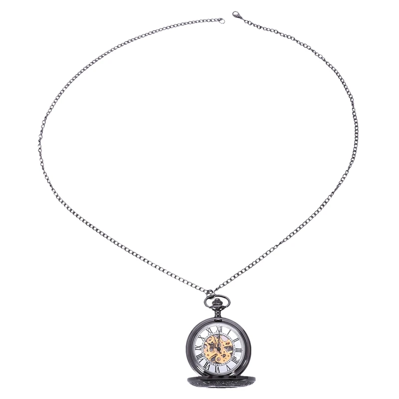 

Retro Black Flower Hollow Mechanical Pocket Watch For Mens Steel Steampunk Unique Womens Mens Fob Chain Pocket Watches
