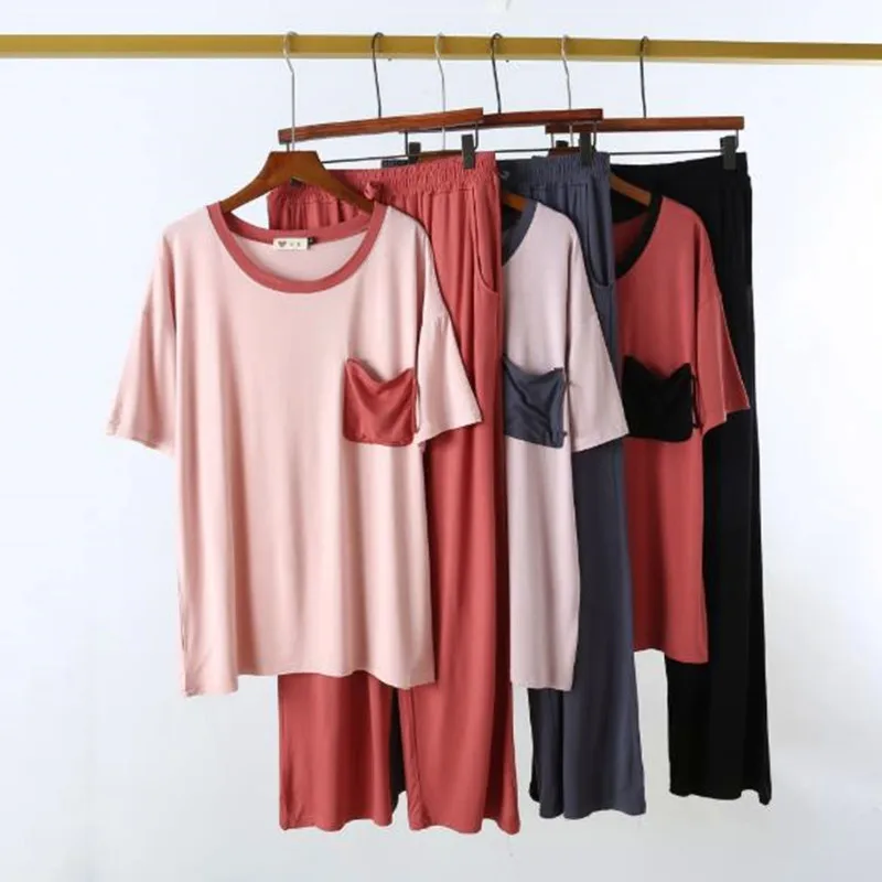 

Pyjamas women new contrast color short sleeve trousers sleepwear suit modal cotton two-piece pajamas set loose pijama feminino
