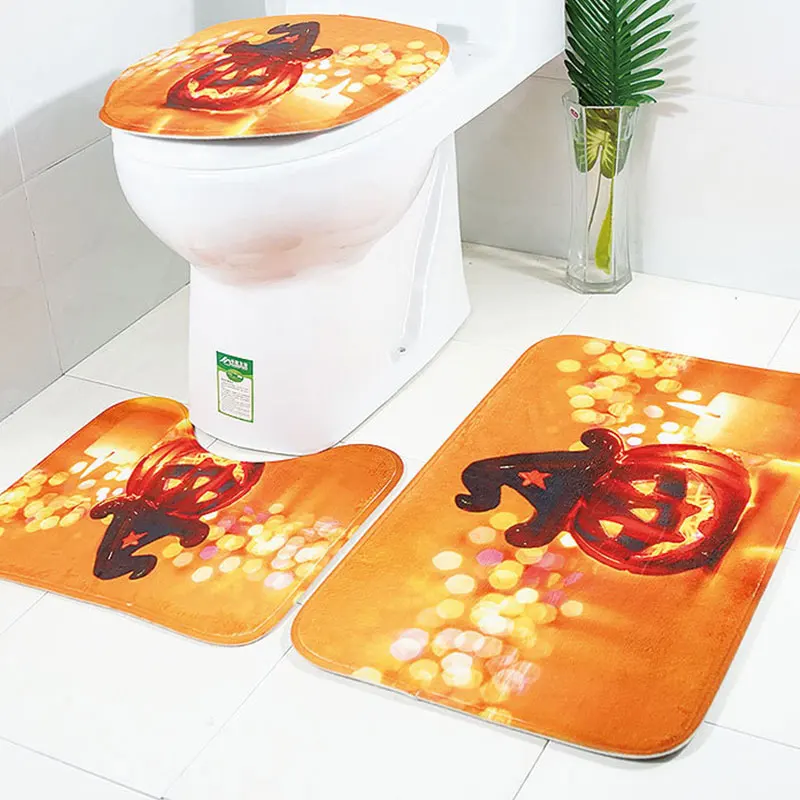 

Halloween Pumpkin Funny Toilet Mat Floor Mat 3 Sets Of Absorbent Bathroom Mat Non-Slip Printing Pattern Bathroom Carpet