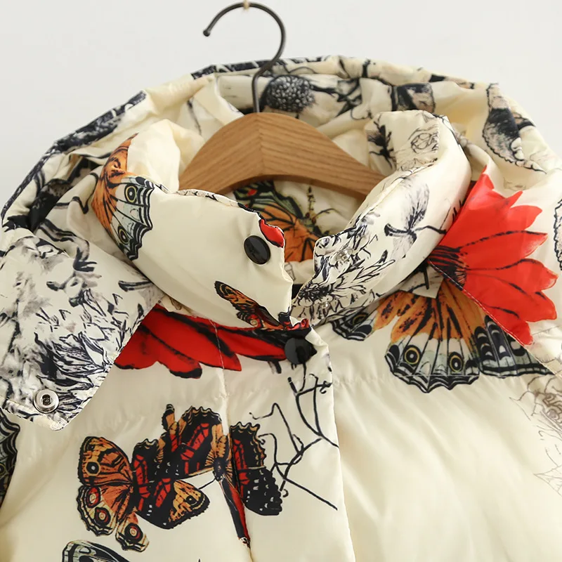 

Winter New Style Korean-style Flower Art Printed Warm Cotton-padded Clothes Women's Hooded Long Sleeve down Coat Cotton Coat S25