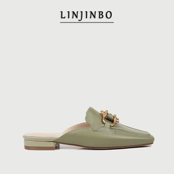 

Genuine Leather Metal Button Mules Slippers Women Square Toe Flat Loafers Shoes Female Fashion Elegance Solid Color 2020 New