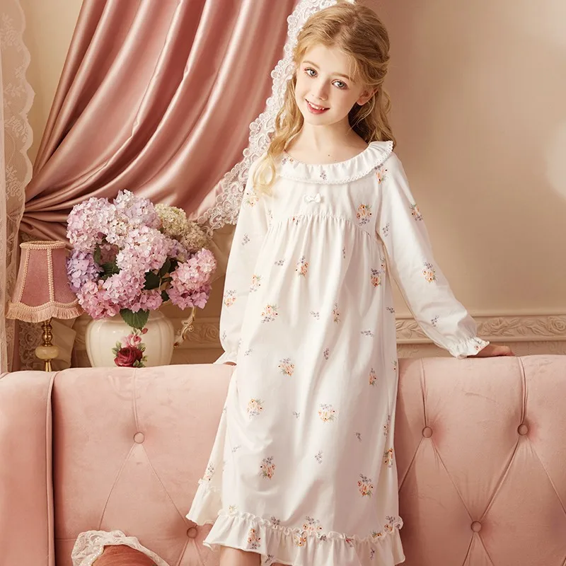 

Children Long Sleeve Nightdress For Girls Cute Floral Print Ruffles Nightgowns Children Kids Home Travel Hotel Home Clothing