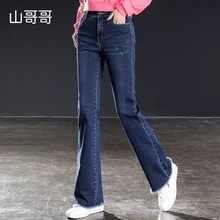 Обтягивающие джинсовые женские расклешенные брюки с высокой талией, темно-синие эластичные модные брюки бойфренда размера плюс, Vaqueros Pantalones Mujer