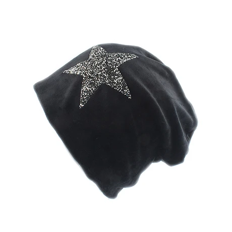Черный Новая мода бархатные Skullies Beanies Зимние шапки для женщин Звездный дизайн громоздкая шапочка женские шапки - Цвет: Черный