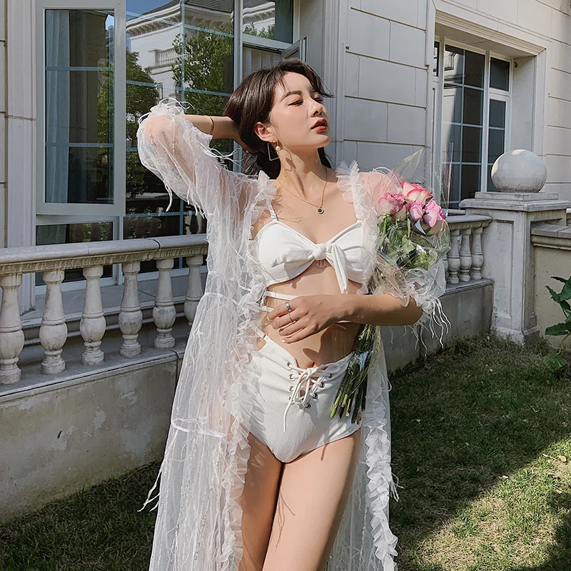 

White Bikini Three-piece Set with Cover-up Bathing Suit Women's South Korea Graceful Immortal Tour Bathing Suit Summer Seaside H