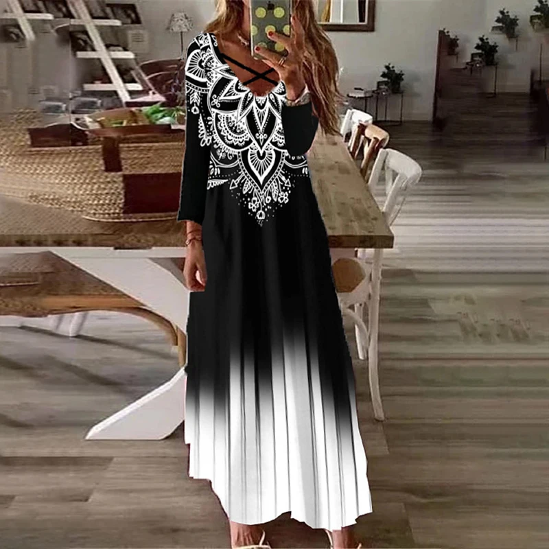 

Women's Shift Dress Maxi long Dress - 3/4 Length Sleeve Print Autumn Fall V Neck Casual Daily Loose 2020 Black M L XL XXL XXXL