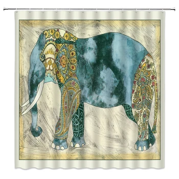

Indian National Style Elephant Shower Curtain Waterproof Polyester Bathroom Ethnic Curtain For Bath Decor