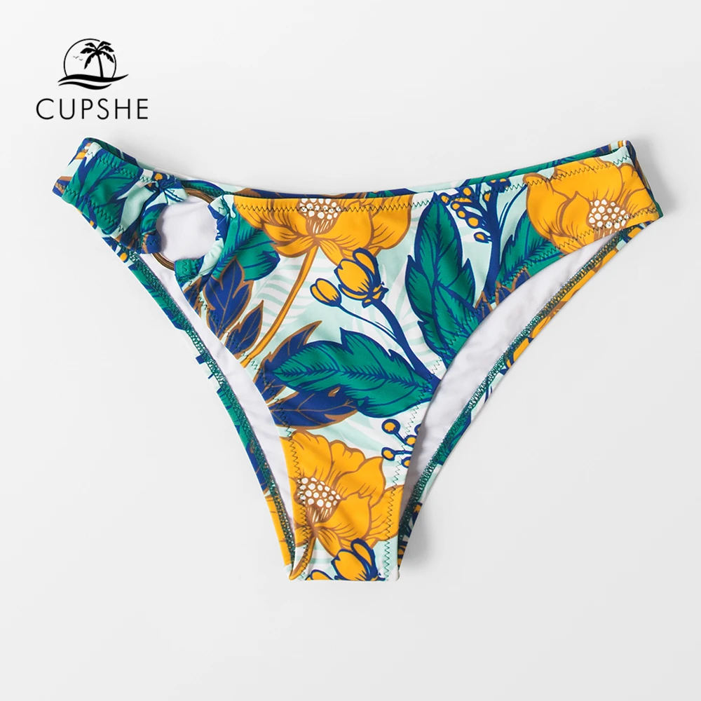 Briefs Swimwear Bathing-Bottom CUPSHE Panties Separate Sexy Green Women Floral with O-Ring