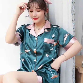 

New Spring Summer Women Faux Silk Pajamas Set Simple Pure Color Leisure Nightwear Short Sleeves Sleepwear