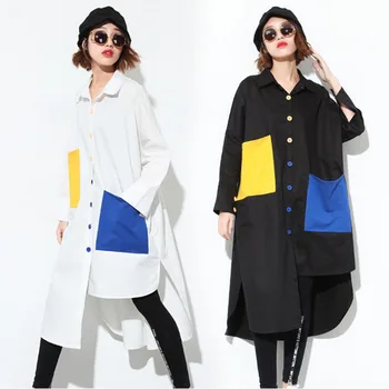 

Autumn Women Black White Spliced Shirts Long Batwing Sleeve Loose Blouses Asymmetrical Tops Contrast Colors Fashion Streetwear