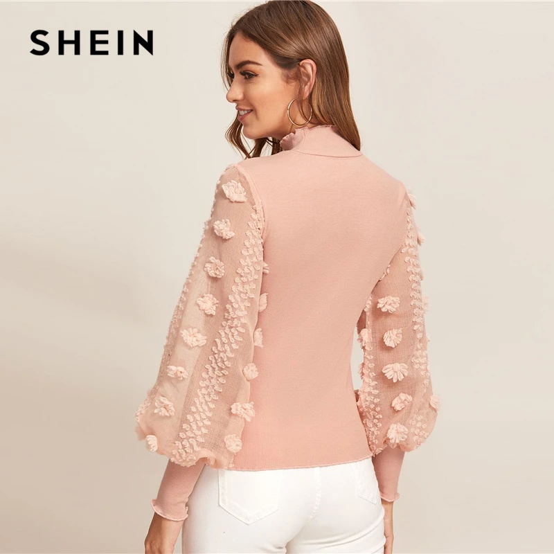 SHEIN черный салат отделка Аппликация Sheer Bishop рукав Топ осень стоячий воротник офисные женские элегантные облегающие Топы И Футболки