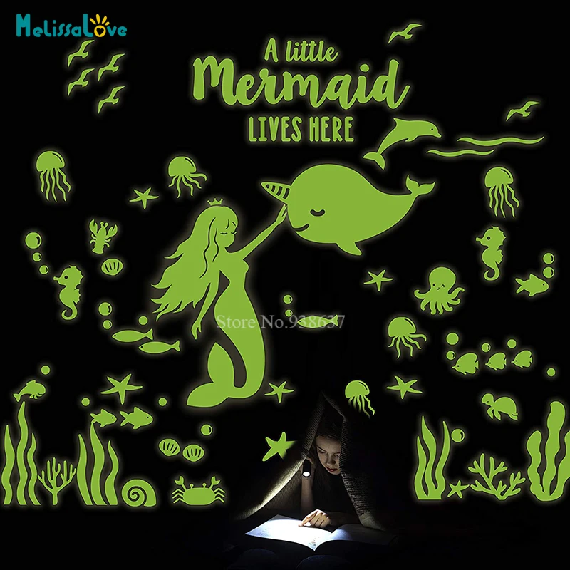 

109 pcs A Little Mermaid Lives Here Theme Baby Room Glow in Dark Glowing Wall Sticker Nursery ceiling Birthday Party Decal BC005