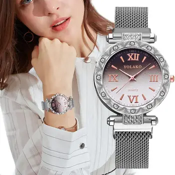 

YOLAKO New Women Watches Magnet Buckle Gradient Roma Dial Quartz Watch Stainless Steel Band montre femme 2019