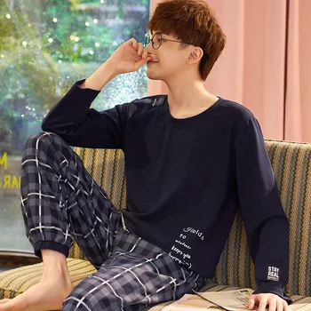 

XIZOU Pajama Sets Men 2020 O-Neck Printed Long Sleeve Cotton Soft Leisure Homewear Set Mens Trendy High Quality Korean Style