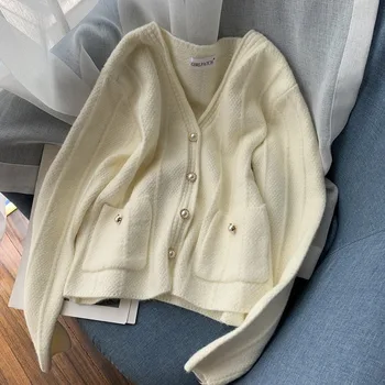 

Streetwear 2020 Autumn Women Cardigan Fashion Temperament V Neck Single Breasted Sweater with Pockets Lady Knitted Outwear