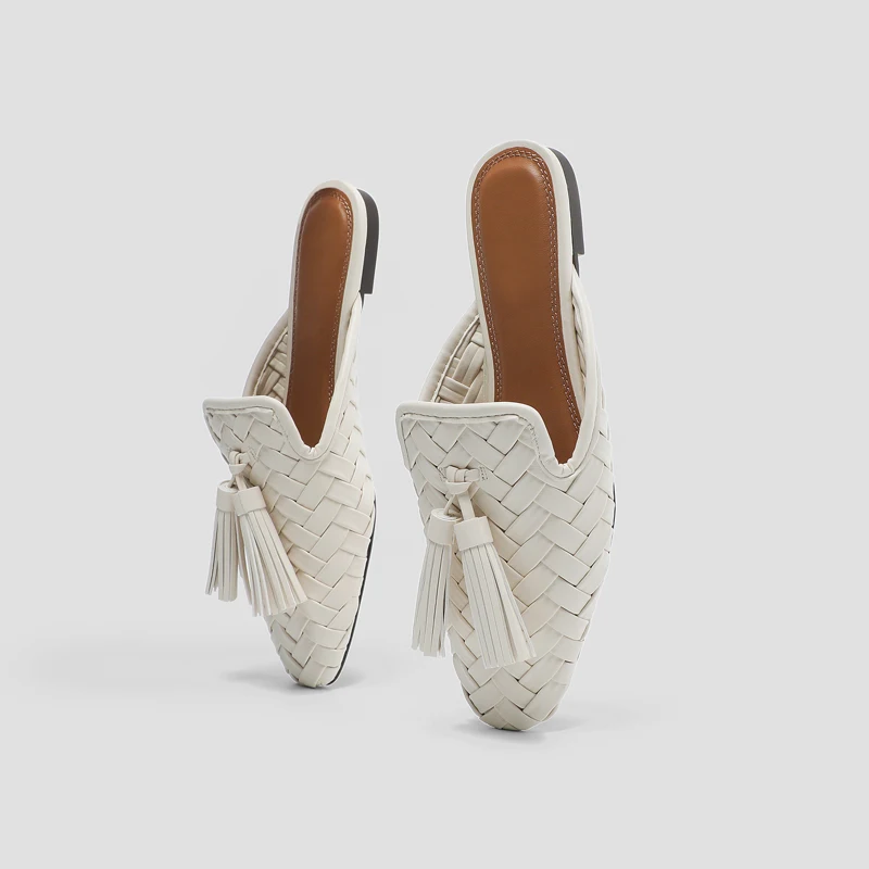 

Square Toe Mules Shoes Women 2021 Summer Slippers Flat Bottom Half Drag Tassel Muller Sandalias Woven Comfortable White Slides