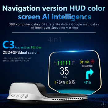 

HUD Car Head up Display with OBD HD GPS Navigation Bluetooth Windshield Speed Projector Security Alarm C3