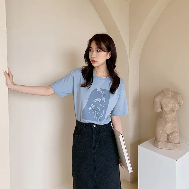 Abstract Print T-shirt Female Short Sleeve 2020 Summer New O-Neck Korean Women's Casual Tops Tees Harajuku