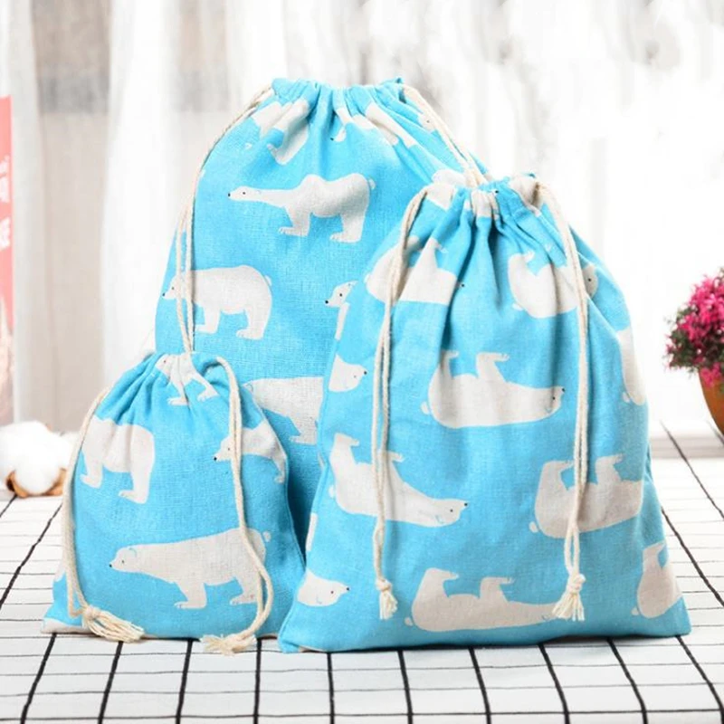 Cotton Linen Drawstring Bag Fabric Pouch Cute Cartoon Print Kids Travel Cloth Shoes Storage Bag Makeup Case Christmas Gift Bag 6