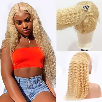 

Middle Part Deep Wave 613 Blonde Lace Part Human Hair Wig Pre Plucked 150% Brazilian Honey Blonde 13x1 Lace Wigs Remy Human Hair