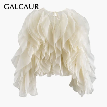 

GALCAUR Elegant Patchwork Ruffles Chiffon Blouses Women O Neck Lantern Long Sleeve Loose Shirt Female Clothing Fashion 2020 Tide
