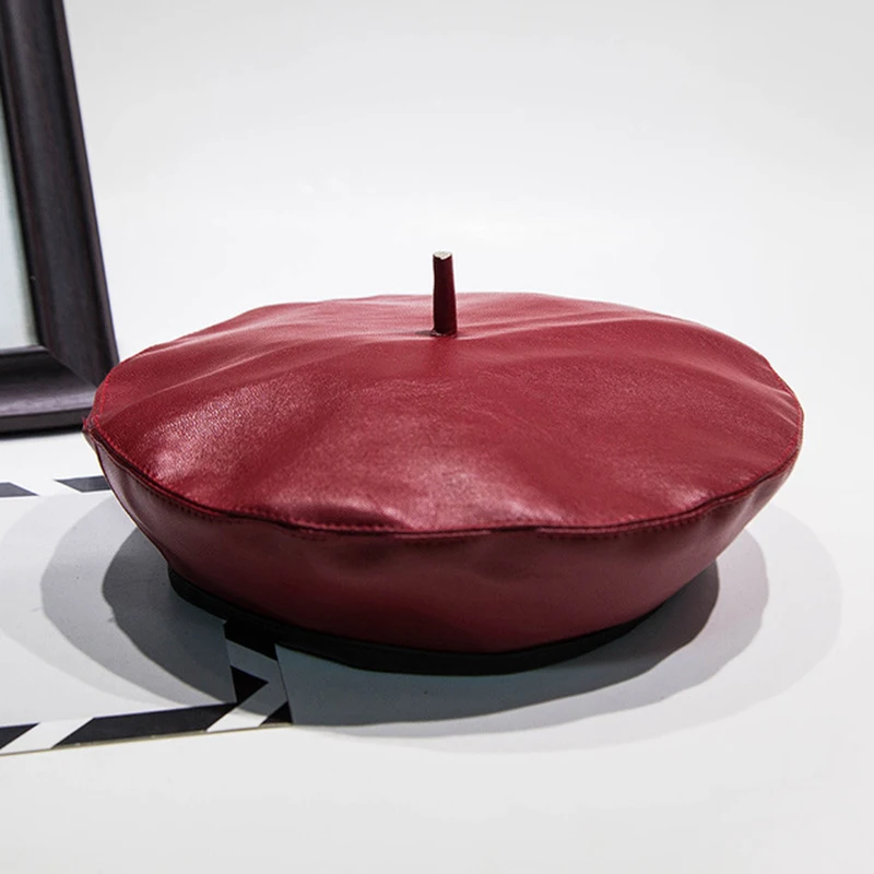 Pu Leather Beret Woman Flat Top Hat Autumn and Winter Beret Painter Hat Pumpkin Hat