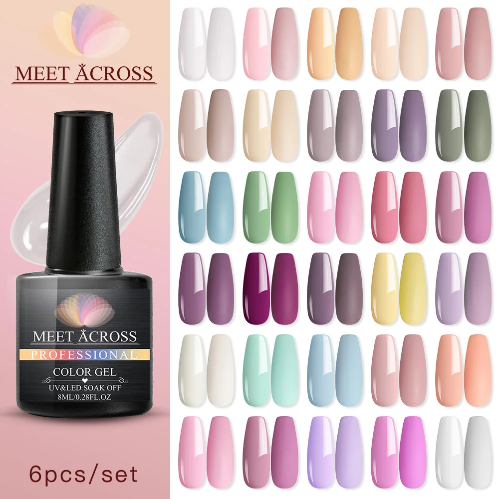 MEET ACROSS 6pcs Pure Gel Polish Set Sping UV Vernish Semi Permanent Base Top Coat 8ML Soak Off Varnish Nail Art Lak Nails | Красота и