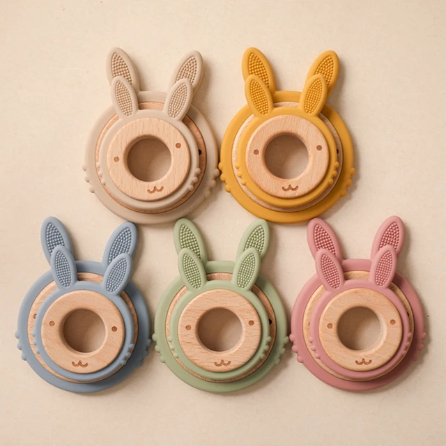 New Animal Rabbit Silicone Teether Baby Oral Care Products 1Pcs Big Teether BPA-Free Beech Wooden Rattle Teething Toys For Kids 5