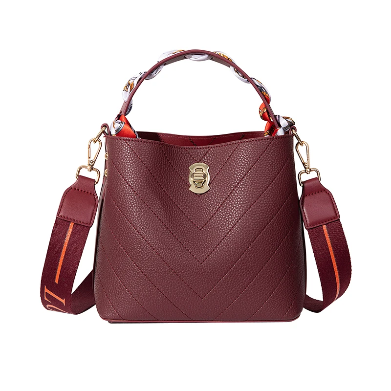 

2019 embroidery line handbag simple wild silk scarf bucket bag wide webbing shoulder diagonal cross bag wine red women bag
