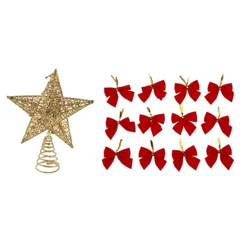 

13 Pcs Xmas Hanging Ornament: 12 Pcs Color Bow Christmas Tree Bowknot Party Decor Red & 1 Pcs Christmas Tree Topper (15Cm Gold F