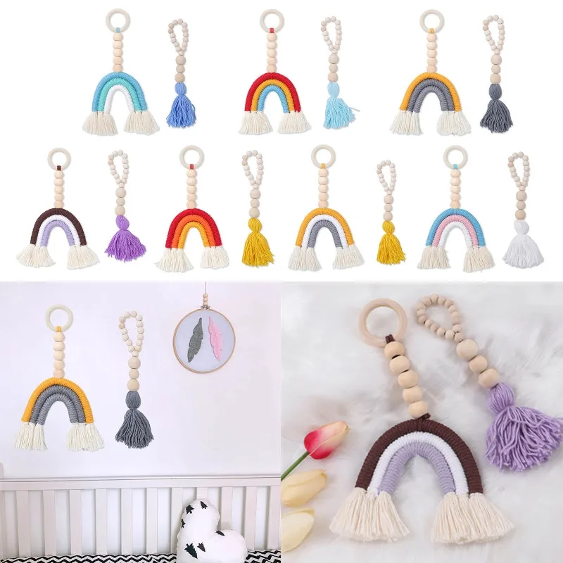 

OOTDTY 2Pcs/Set Nordic Hand-woven Macrame Rainbow Tapestry Wall Hanging Pendant Ornament Kids Children Room Decor Nursery Decor