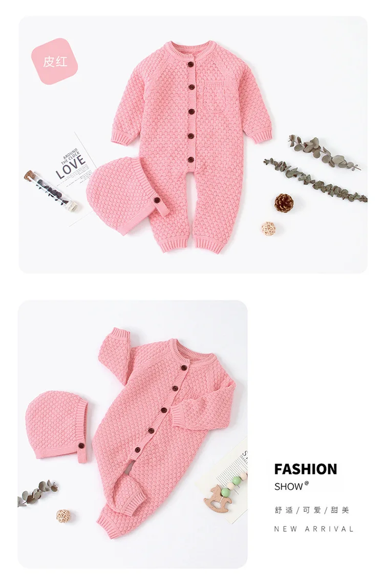 Baby Rompers New Baby Onesies for Fall Knitting Conjoined Warm Cap Newborn Cotton Thread