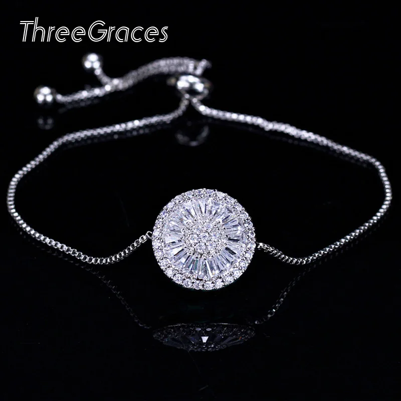 ThreeGraces 3 цвета модные звенья цепи браслеты белый зеленый синий CZ круглой формы регулируемые размеры женские очаровательные ювелирные изделия BR121
