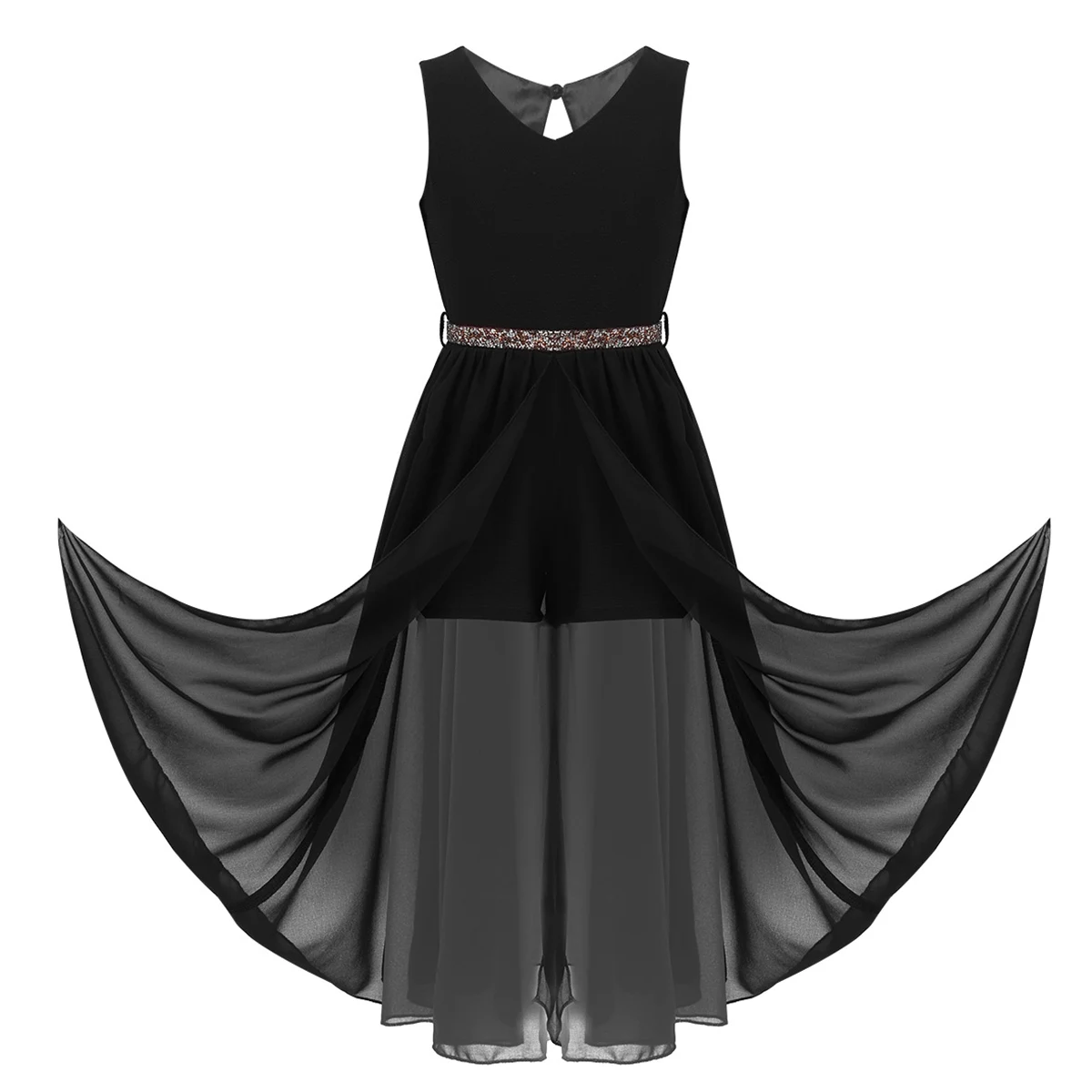 Kids Flower Girls Sleeveless V Neck Chiffon Short Jumpsuit Romper Maxi Dress with Sparkly Rhinestone Belt for Wedding Party - Color: Black